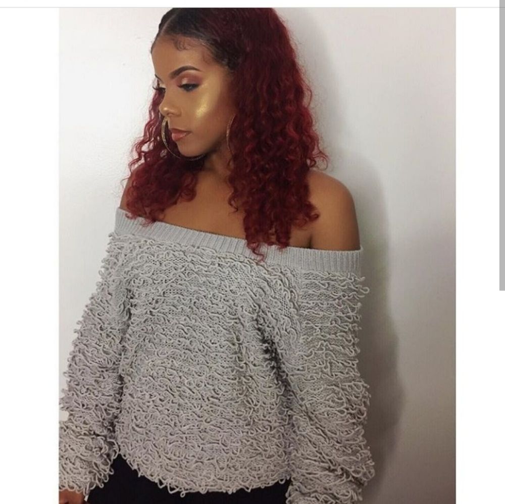 Grey off the shoulder sweater with tye back detail